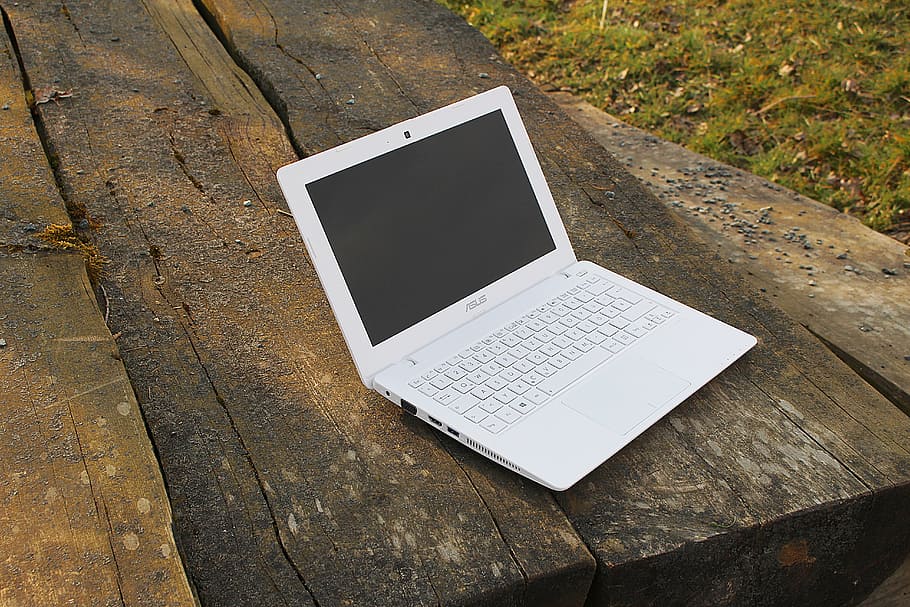 white, asus laptop, placed, table, laptop, notebook, work, independent, wireless technology, technology