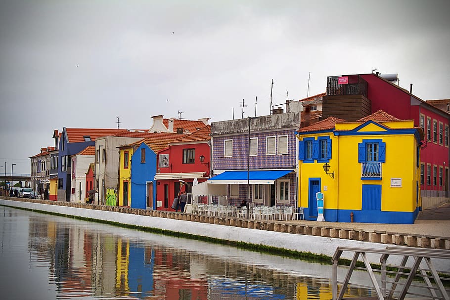 portugal, aveiro, boats, channel, water, river, architecture, traditional, landscape, building