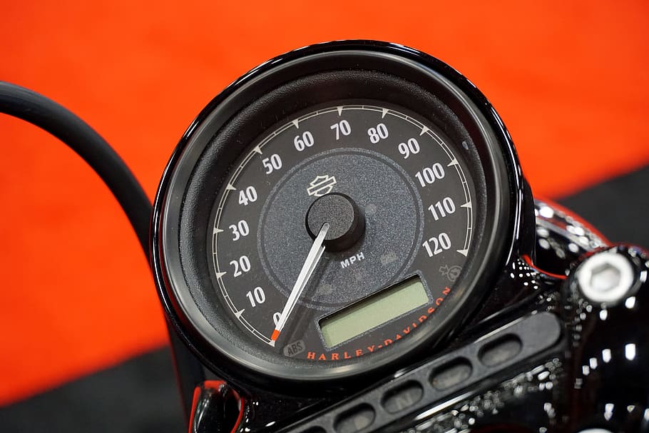 motorcycle, harley-davidson, speedometer, harley, close-up, red, black color, number, transportation, speed