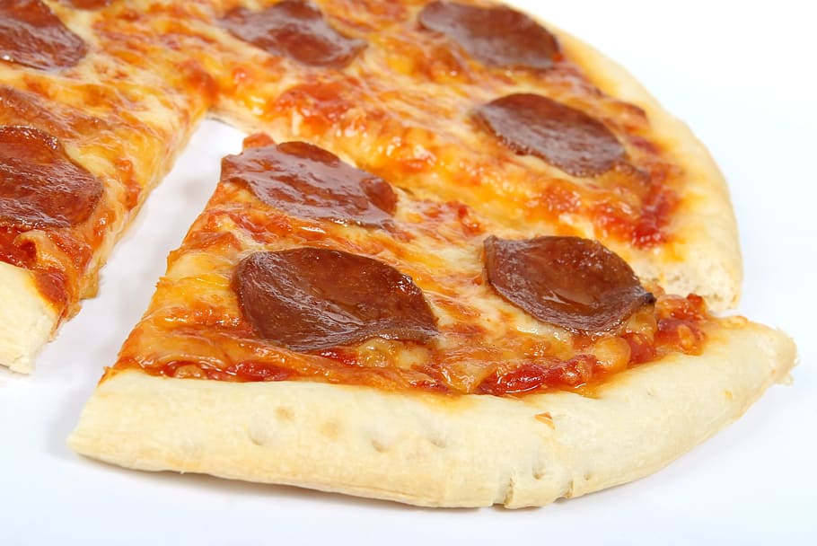 pepperoni pizza, america, american, baked, bread, cheese, clay, closeup, cooked, copyspace