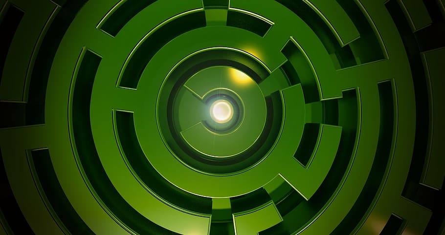 round green maze, green light, labyrinth, center, way out, search, graphic, circle, meditation, away