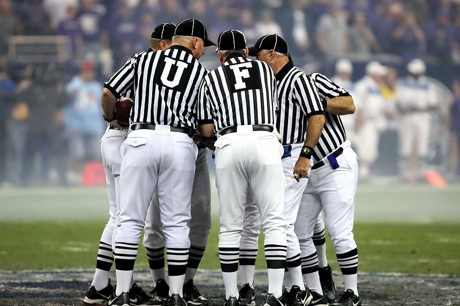 referees, forming, circle, american football, american football officials, referee, football game, officiating crew, stripes, zebras