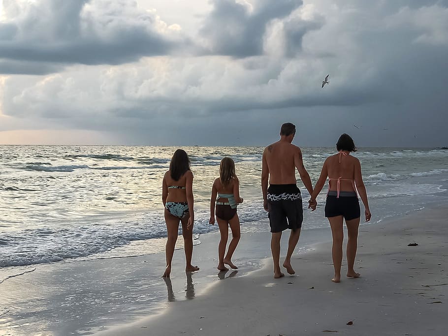 walking, beach shore, Family, Vacation, St Pete Beach, beach, florida, gulf of mexico, sunset, clouds