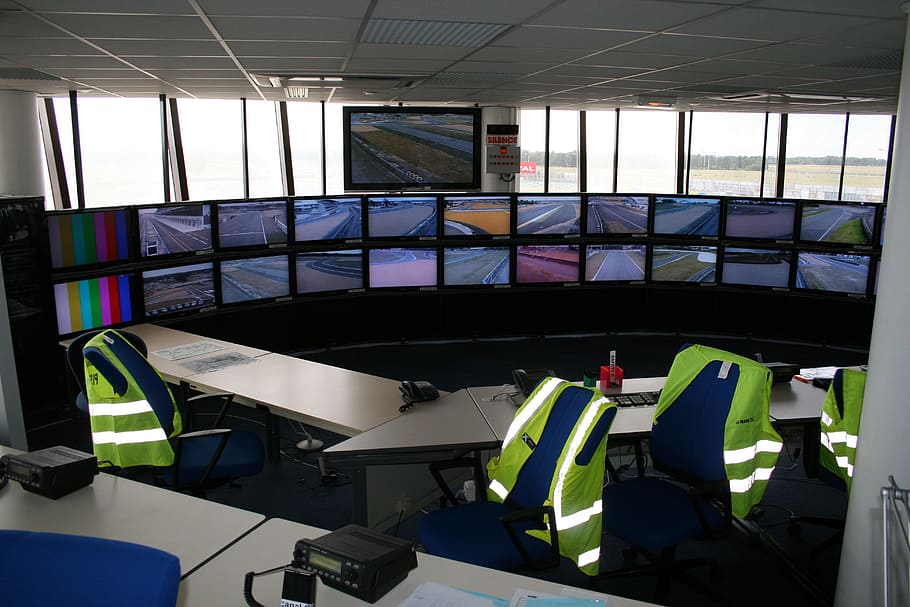 flat, screen computer monitors, table, rolling, chairs, inside, room, control room, belgium, le mans