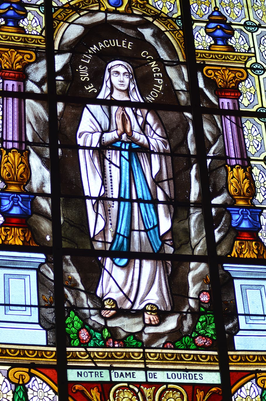 stained glass, mary, colorful, glass, church, faith, heavy, cave, immaculate conception, human representation
