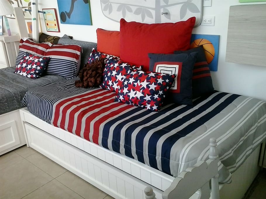 bed, mattress, pillow, adviser, children, furniture, home interior, striped, domestic room, indoors