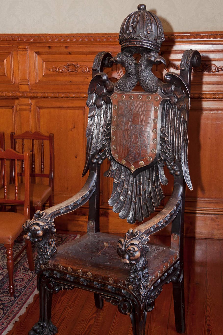 throne, wood, carved, turned, rest, leather, coat of arms, rivet, crown, doppelkopf