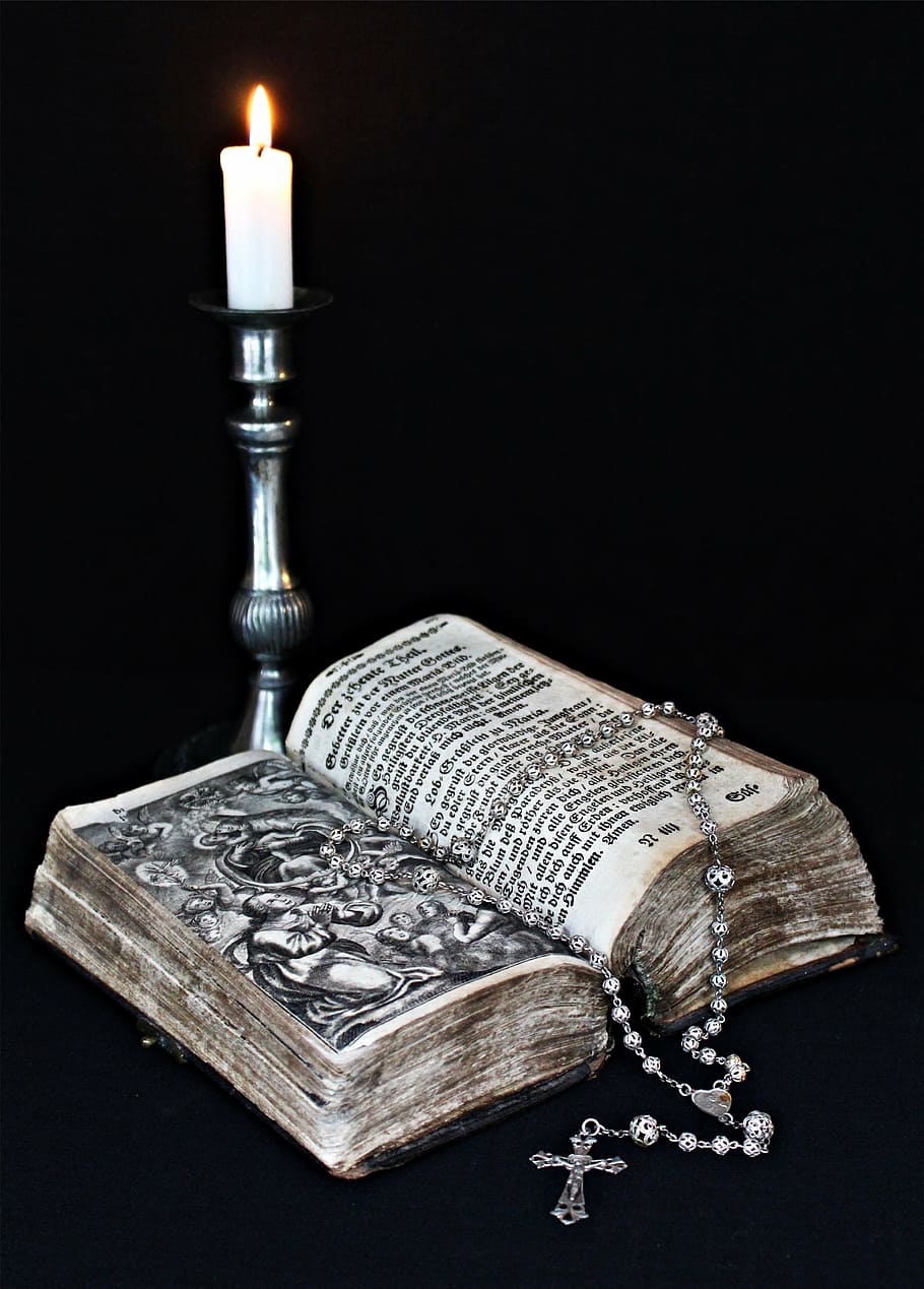 book, gray, rosary, top, silver candle holder, faith, bible, religion, believe, catholic