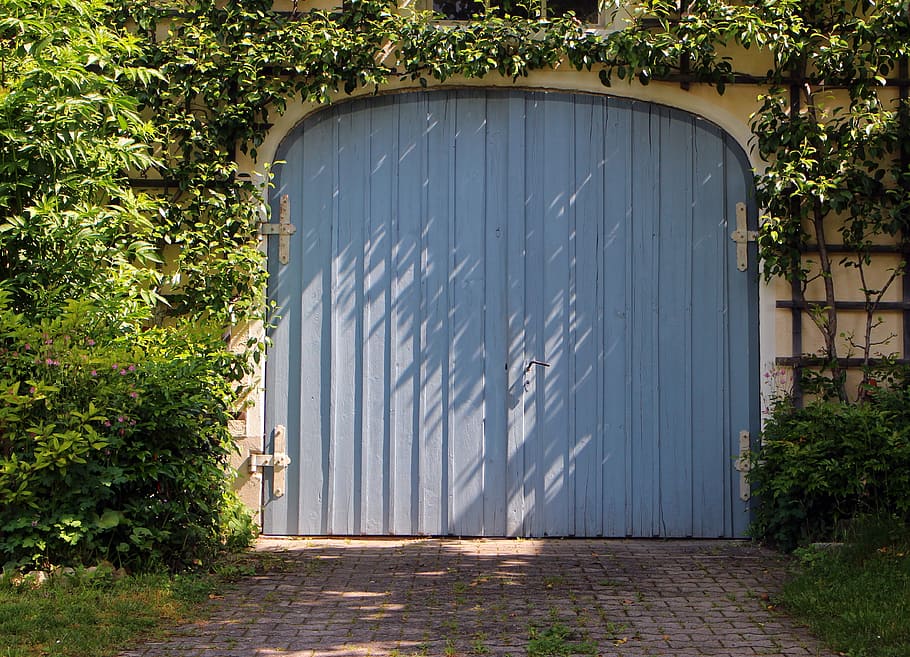 closed, blue, gate, surrounded, green, leafed, plant, garage, garage door, door