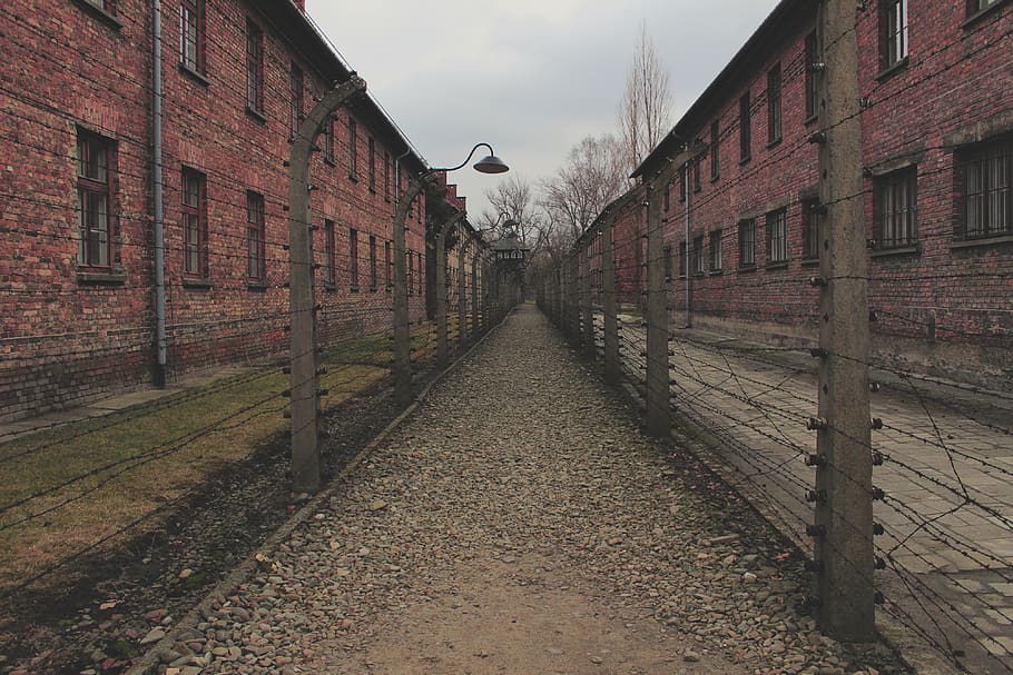 old, brick, street, architecture, outdoors, auschwitz, concentration camp, poland, nazi, camp
