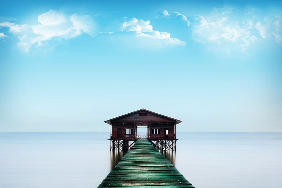 brown, dock, leading, house, body, water, blue, ocean, bridge, floating pontooon