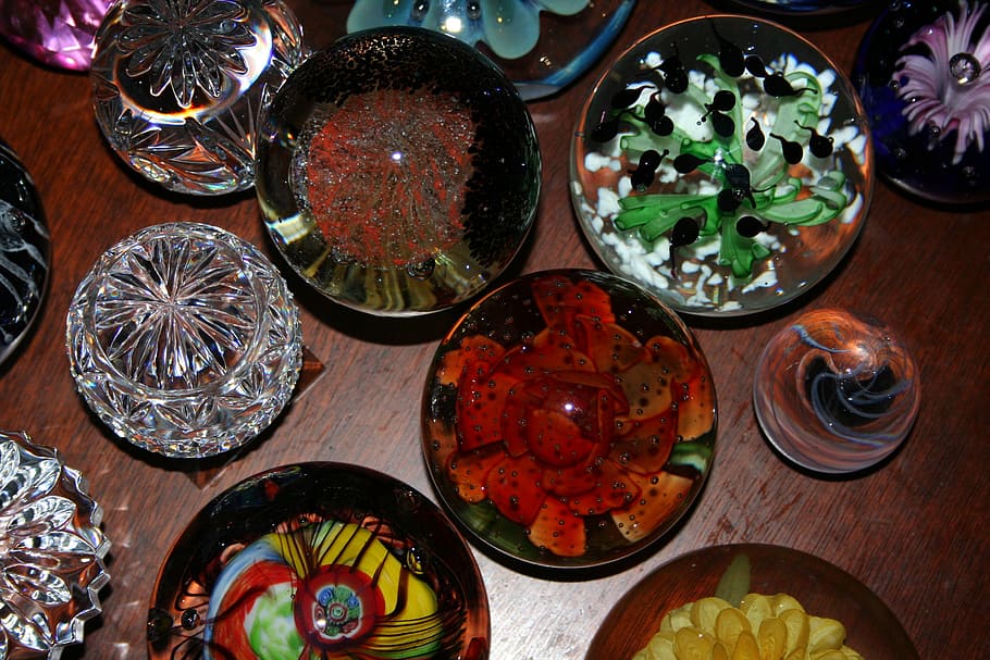 paperweights, glass, baubles, shiny, sparkle, pretty, food and drink, table, food, high angle view