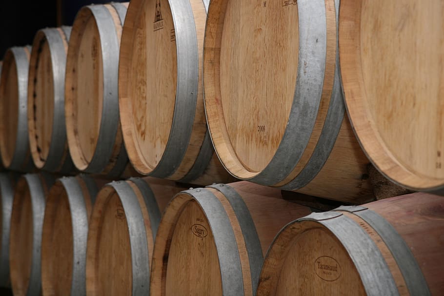 brown, wooden, wine barrel lot, winery, france, bordeaux, red, wine, barrel, barrels