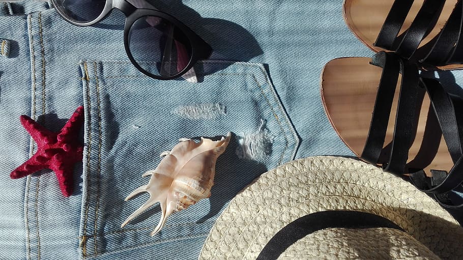 sconce shell, straw hat, black, sandals, denim apparel, Sea, Motive, Shell, Solar, Glasses, shell