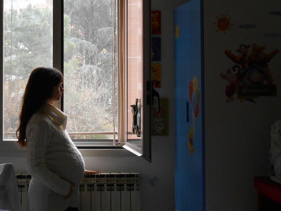 女性, 立っている, 窓, 妊娠, ママ, 子供, 妊婦, 屋内, 人々, ホームインテリア
