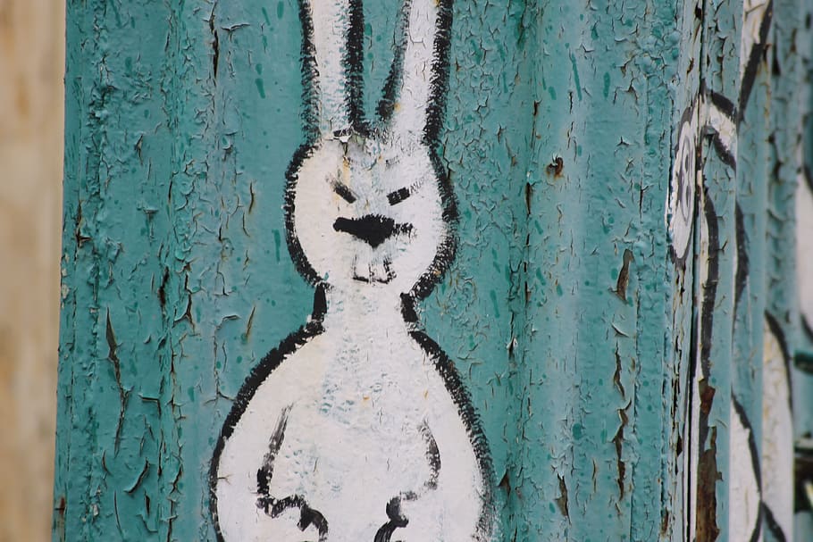 hare, figure, old, paint, peeling, electricity, board, cupboard, rabbits, animals