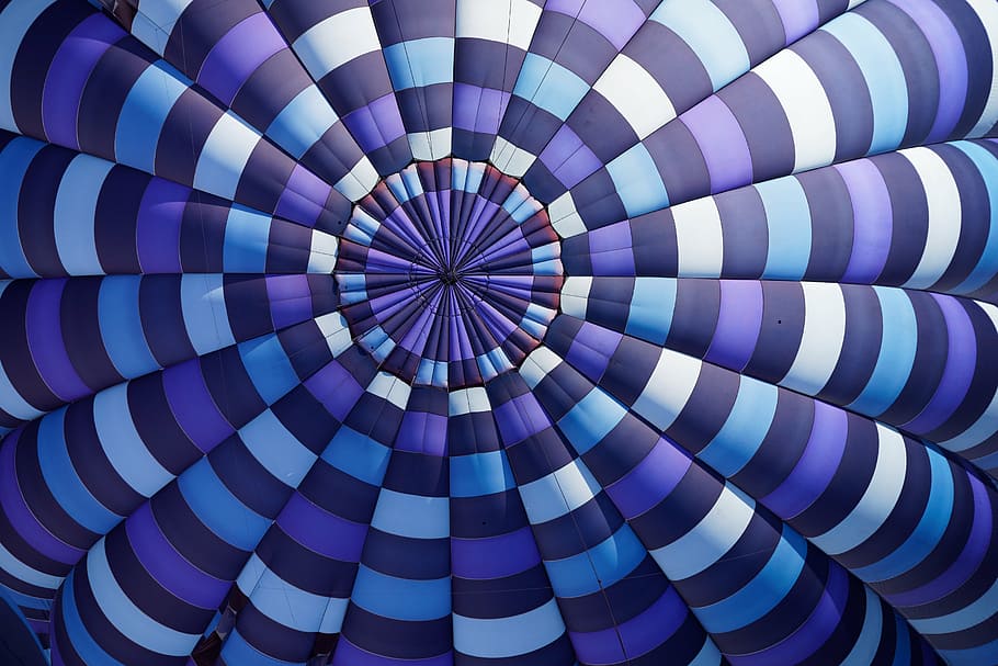 aerial, purple, white, blimp, blue, black, spiral, ceiling, umbrella, parachute,