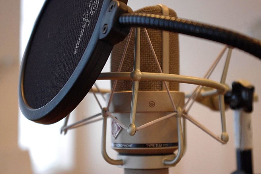 shallow, focus photo, studio microphone, Microphone, popscreen, recording, vocal microphone, records, music studio, studio