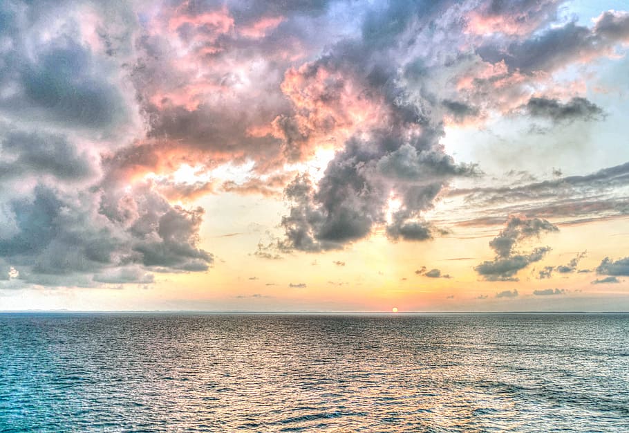cumulonimbus cloud, sea, sunset, sky, clouds, ocean, water, sun, nature, travel