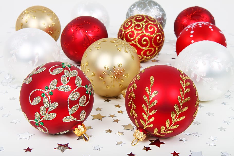 christmas balls, white, textile, background, ball, bauble, christmas, decoration, golden, holiday