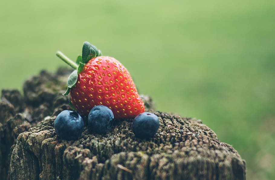 strawberry, blueberry, fruits, food, blur, wood, fruit, food and drink, red, selective focus