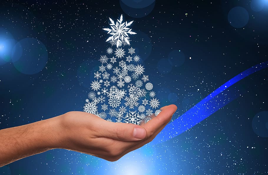 persona, tenencia, papel pintado de árbol de copo de nieve, Navidad, estrella, brillo, luces, luz, mano, presentación