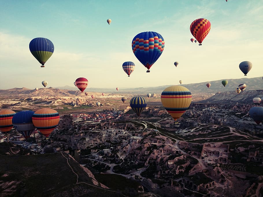hot, air balloons, sky, golden, hour, hot air balloons, golden hour, cappadocia, turkey, travel
