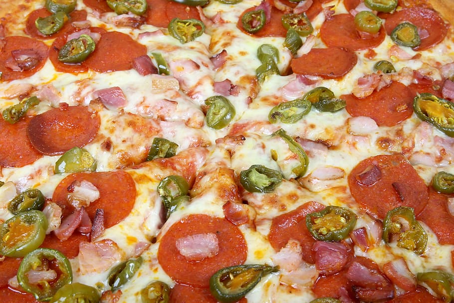 pizza, topped, pepperoni, queso, apetito, al horno, carne de res, calorías, catering, colesterol