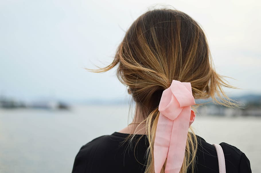person, wearing, pink, lace hair accessory, hair, people, woman, bun, tie, messy