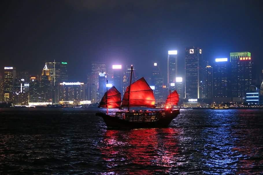 hang kong, barco, noche, paisaje urbano, embarcación náutica, hong kong, puerto, escena urbana, mar, lugar famoso