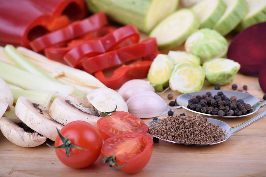 verduras, pimientos, calabacín, tomate, especias, champiñones, ajo, alimentos para mi salud, Comida, comida y bebida