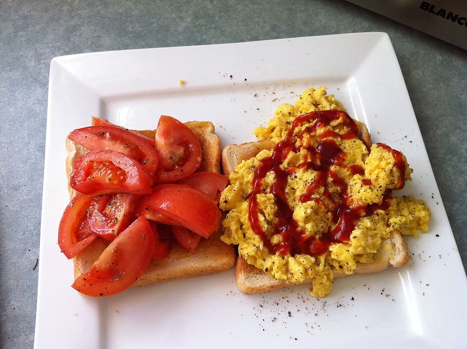 scrambled eggs, breakfast, plate, brunch, toasts, meal, tomatoes, healthy food, proteins, protein food