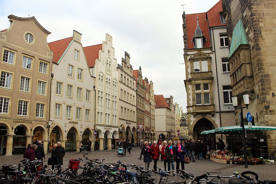 münster, pasar utama, Westfalen, tempat-tempat menarik, city münster, Stadtmitte, objek wisata, rumah atap pelana, pariwisata, pusat kota
