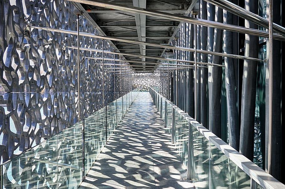 architectural, photography, grey, tunnel, steel, industry, glassware, architecture, sky, mucem