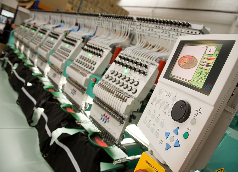 machinery, embroidery, computer, technology, control, equipment, control panel, indoors, in a row, close-up