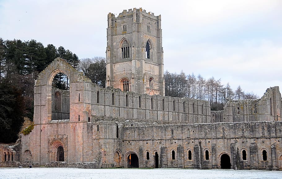 fuentes, abadía, cisterciense, monasterio yorkshire, reino unido, antiguo, iglesia, arquitectura, edificio, cristiano