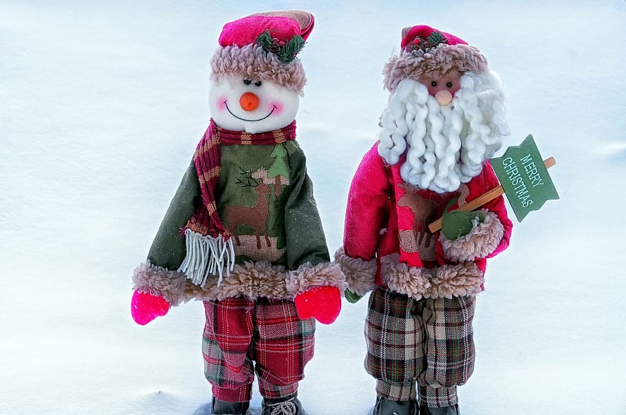 twp santa claus, snowman figurines, snow, new year's eve, toy, winter, holiday, christmas, nature, postcard