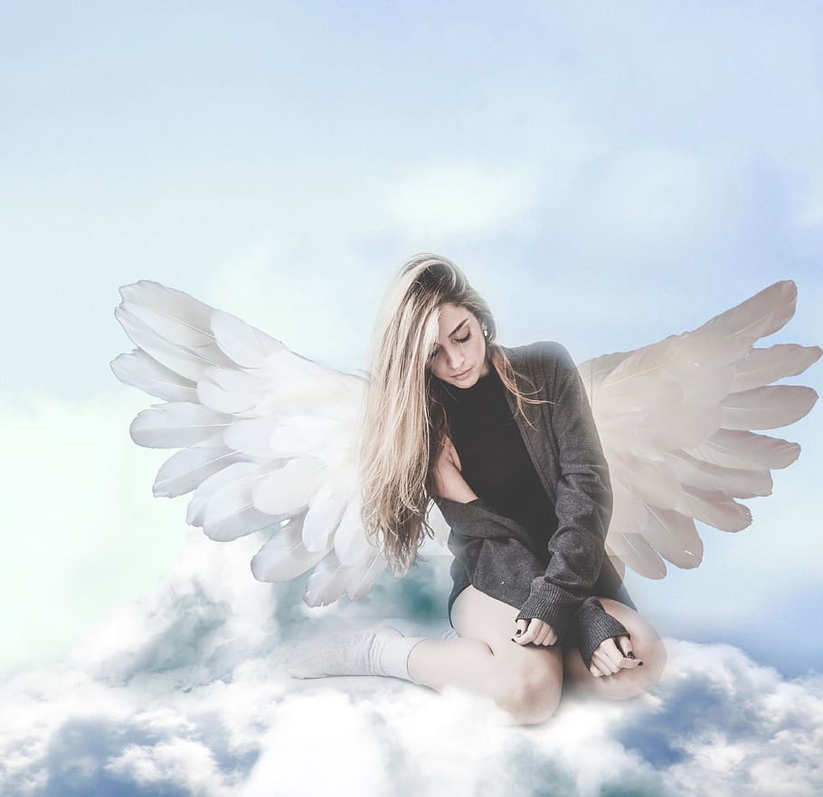 woman, wing, sitting, clouds, angels, angel, wings, heaven, religion, holy