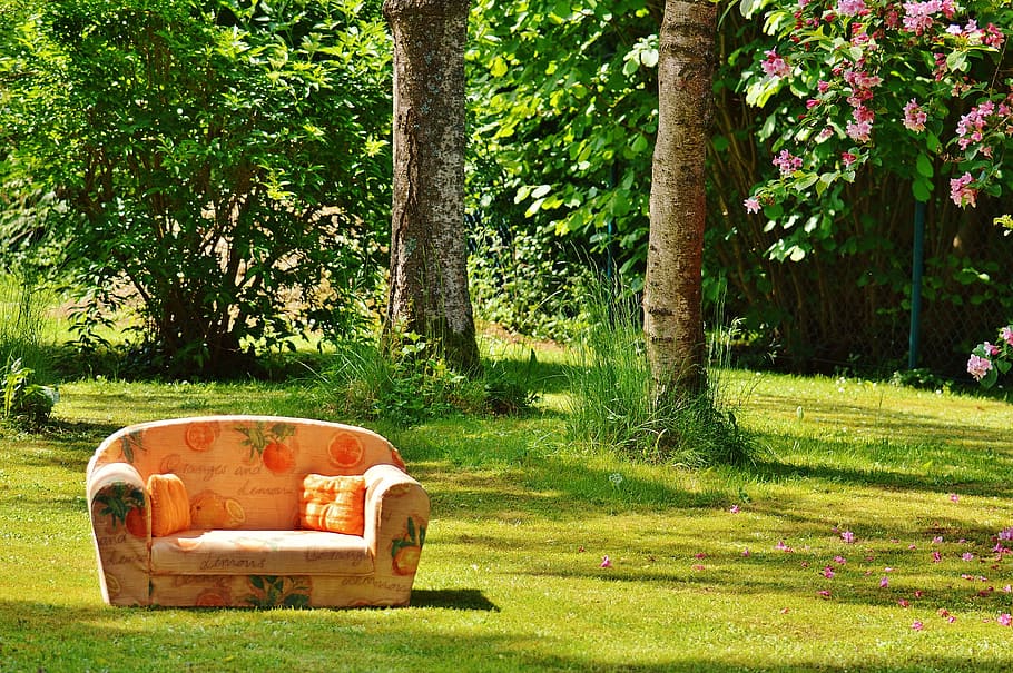 pink, sofa, grass field, couch, nature, meadow, rest, chill out, sun, garden