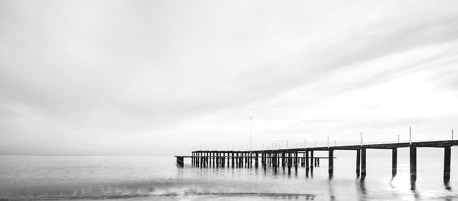 silhouette, dock, calm, body, water, white, sky, daytime, iskele, art