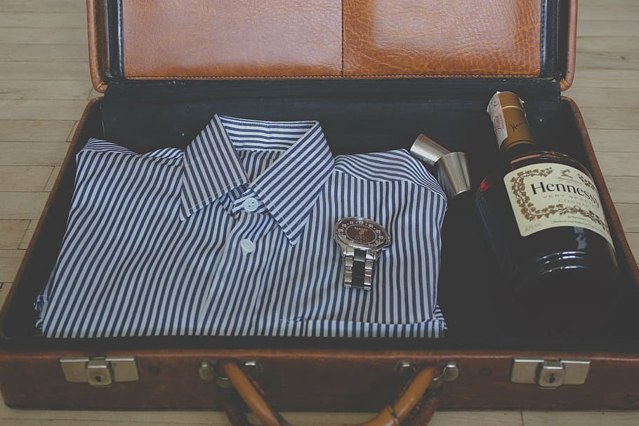 striped, collared, shirt, liquor bottle, suitcase, men, s, glass, bottle, clothes