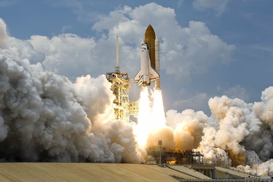 ônibus espacial, foto de terra, lançamento de foguete, foguete, decolar, viagem espacial, dirigir, impulso, aceleração, gravidade