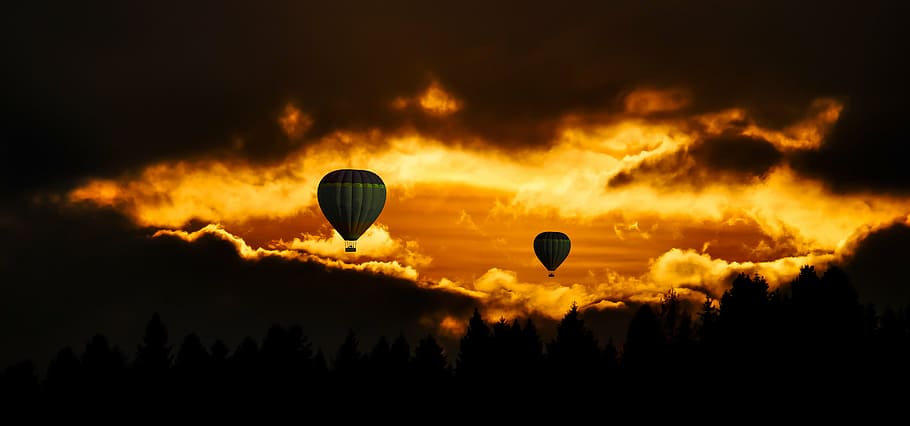silhueta, quente, balão de ar, viajar, voar, balão, céu, pôr do sol, humor, nuvens