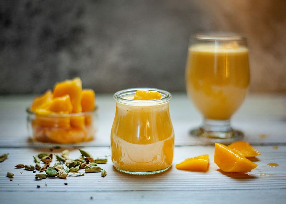 clear glass cup, mango, drink, fruits, diet, healthy, smoothie, food, juice, breakfast