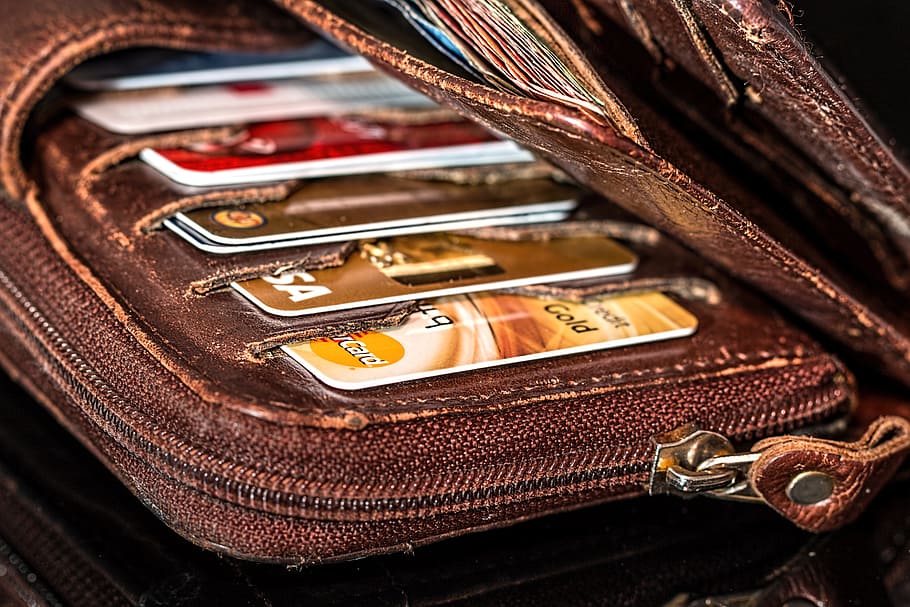 billetera de tela marrón, billetera, tarjetas de crédito, efectivo, dinero, pago, compras, moneda, plástico, banca