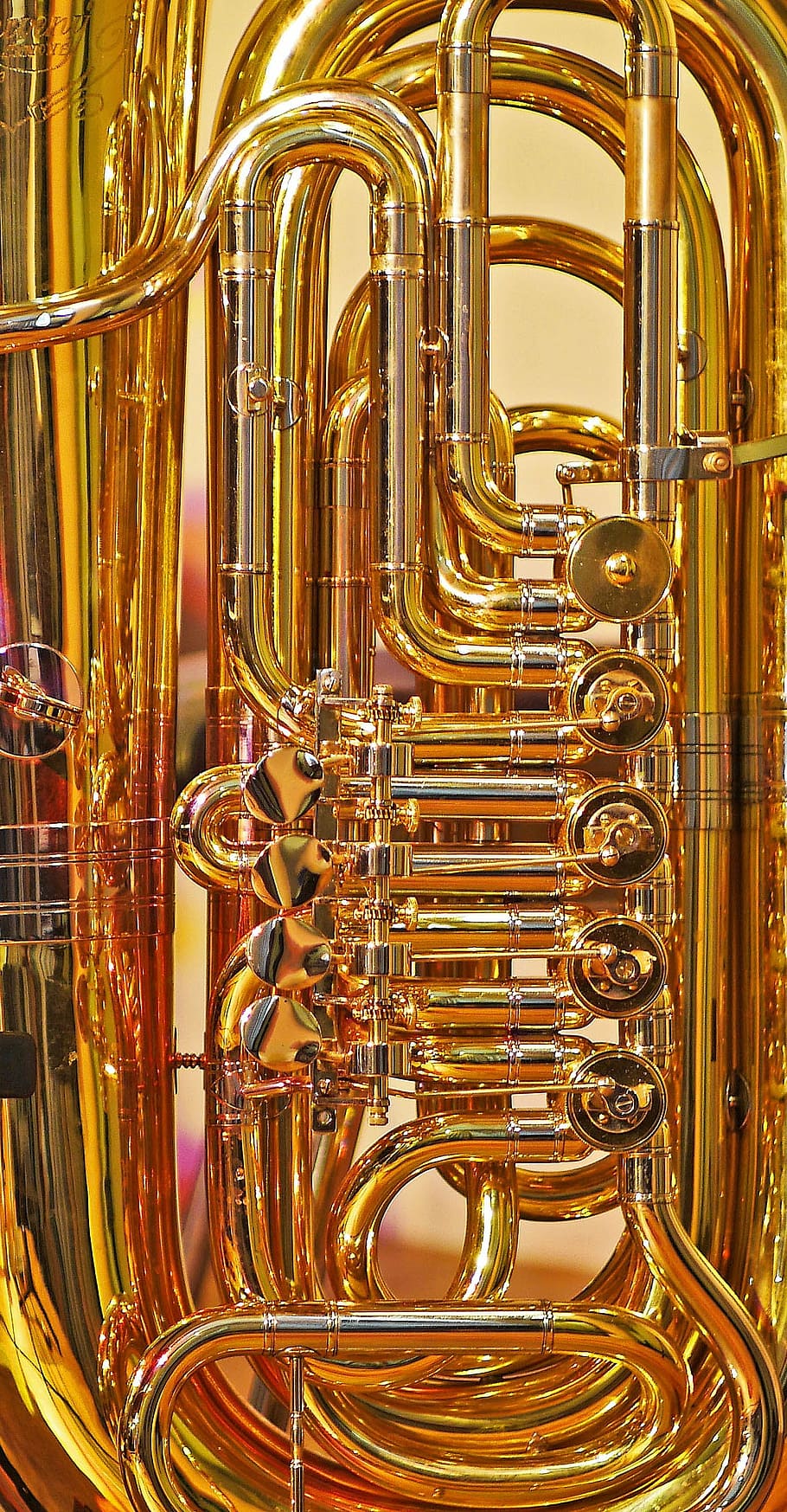 tuba, válvulas, tubo, brilhante, instrumento, ouro, instrumento de bronze, latão, sopro, ver detalhes