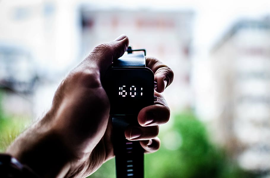 selective, focus photography, person, holding, smartwatch, time, watch, accessory, hands, wrist