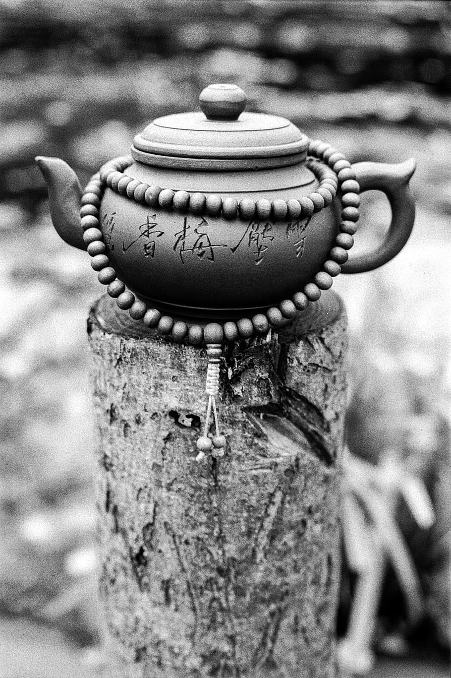 gray, teapot, tree log, mala, praying beads, buddhist, prayer, religion, tibetan, pray