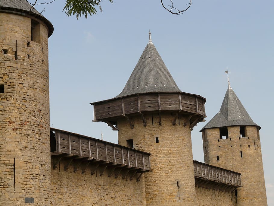 castelo, construção, arquitetura, carcassonne, cidade da guarnição, iluminação, noite, fortaleza, parede, pináculo