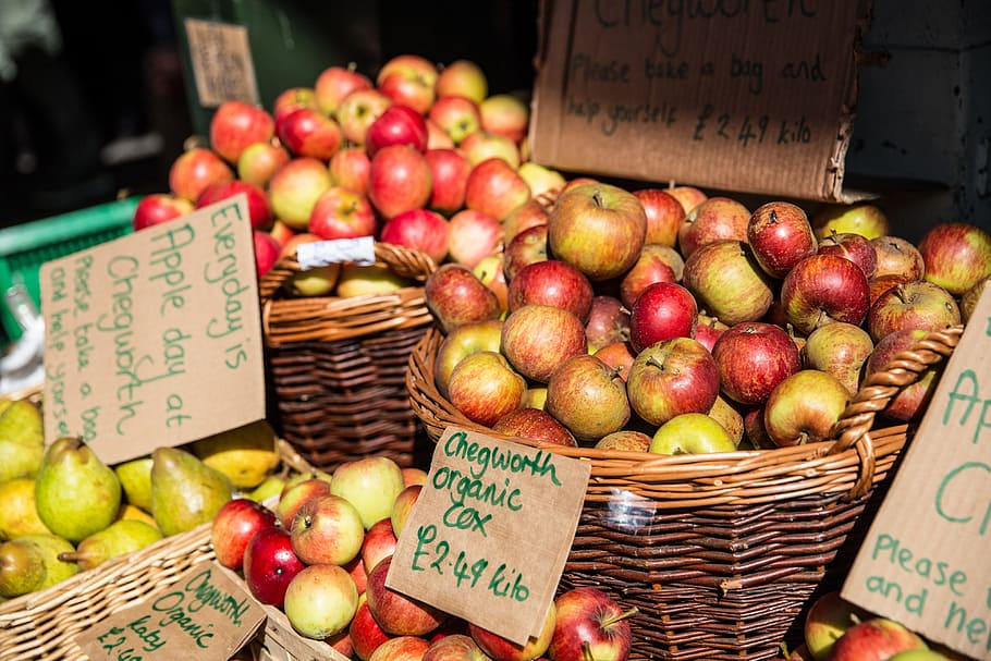 puesto en el mercado, central, Londres, manzanas, centro de Londres, comida / bebida, comida, fruta, saludable, frescura